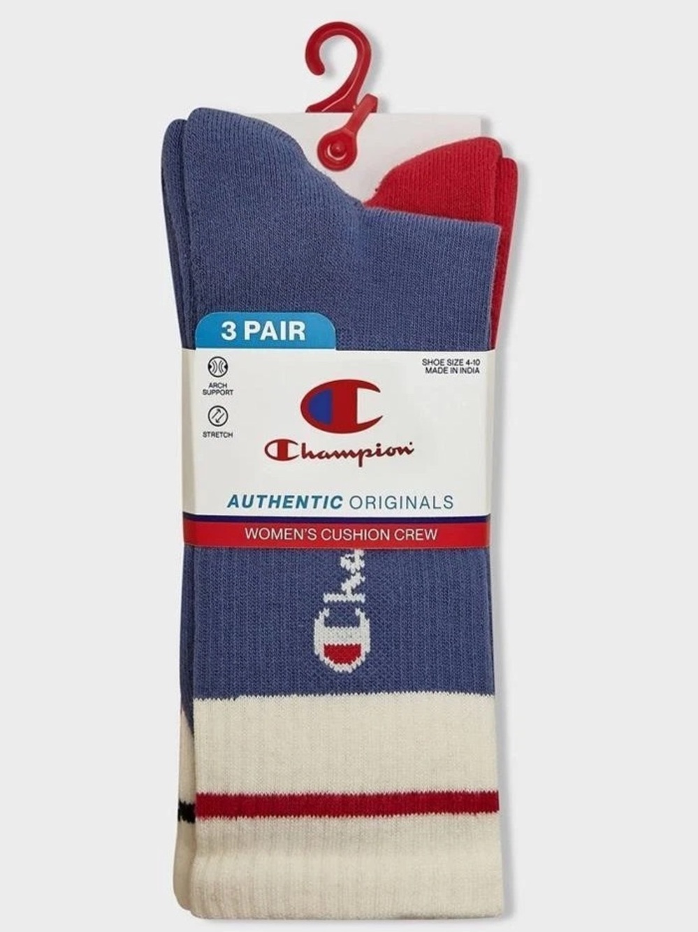 Champion Women's Crew Socks - Blue, Red & White (3 Pair)